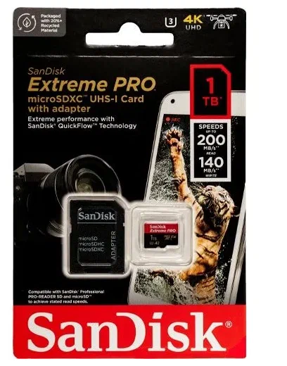 Карта памяти SANDISK Extreme Pro 1Tb micro SDXC UHS-I U3 V30 A2 + ADP (200/140 MB/s) SDSQXCD-1T00-GN6MA фото в интернет-магазине flywares.ru