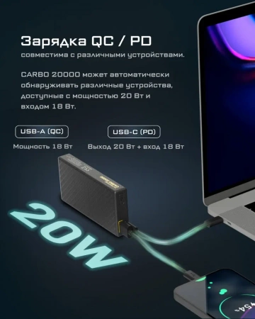 Зарядное устройство NITECORE CARBO NB20000 Power Bank с быстрой зарядкой из углеродного волокна фото в интернет-магазине flywares.ru