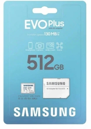 Карта памяти Samsung microSDXC 512 ГБ Class 10, V30, A2, UHS-I U3, R 130 МБ/с, адаптер на SD фото в интернет-магазине flywares.ru