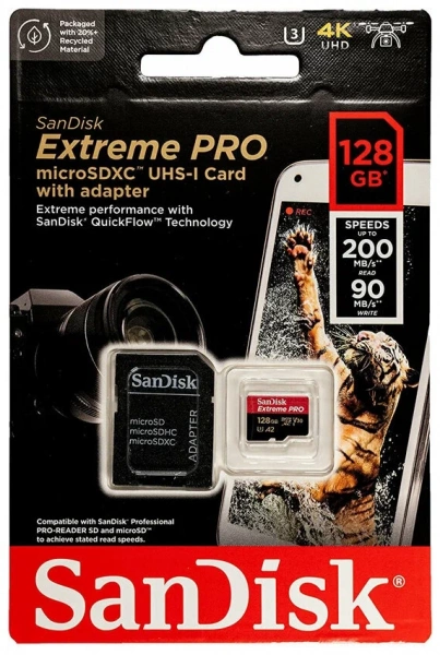 Карта памяти SanDisk MicroSDXC 128GB Extreme PRO V30 U3 A2 200/90 МБ/с фото в интернет-магазине flywares.ru