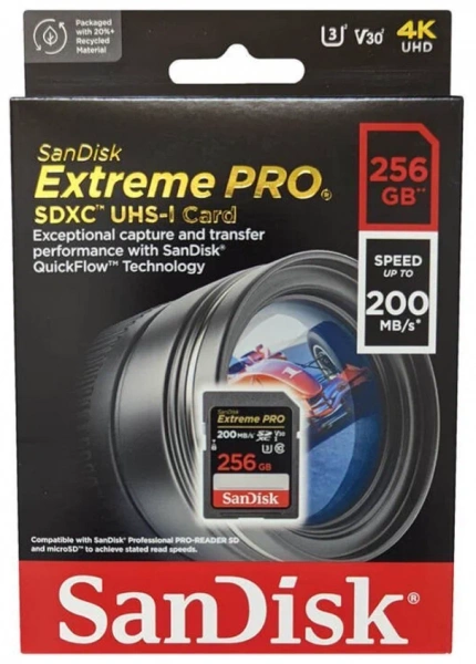 Карта памяти SanDisk SDXC 256GB Extreme Pro UHS-I V30 U3 200/140 MB/s фото в интернет-магазине flywares.ru
